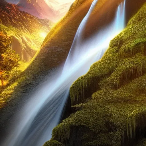 Image similar to beautiful waterfall between lush mountains in the sunset casting rays of light, highly detailed, sharp focus, artgerm, cgsociety