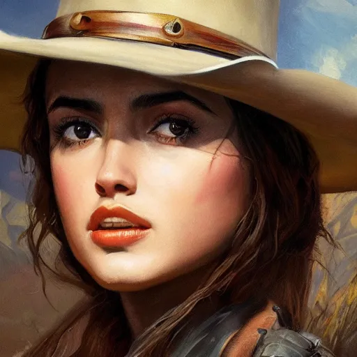 Prompt: ultra realistic head and shoulders portrait painting of ana de armas as a western outlaw, art by frank frazetta, 4 k, ultra realistic, highly detailed, epic lighting