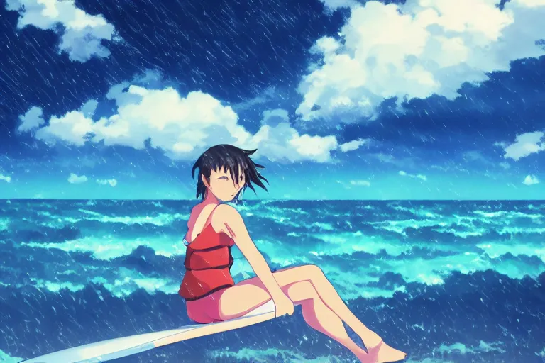 Image similar to anime woman sitting on surf board, tropical island, night time, storm in distance, wide angle, by studio ghibli, yuumei, anime, hazy, foggy, ambient lighting, cottagecore,