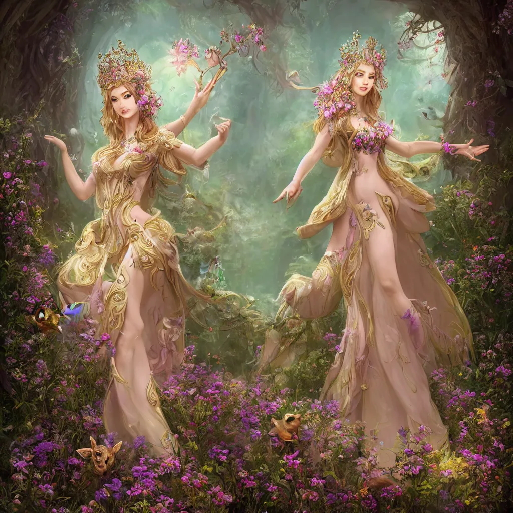 Prompt: A beautiful fantasy empress, highly detailed full body, just one person, breathtaking flower tiara, long hair, gorgeous aristocrat robe, beautiful figure, field of fantasy flowers and leaves, foxes and deer, epic composition, ultra wide-shot, dynamic pose, concept art, beautifully lit from left side, digital painting, smooth, character design, ((sharp focus)), elegant, intricate, artstation, by WLOP and James Jean and Victo Ngai