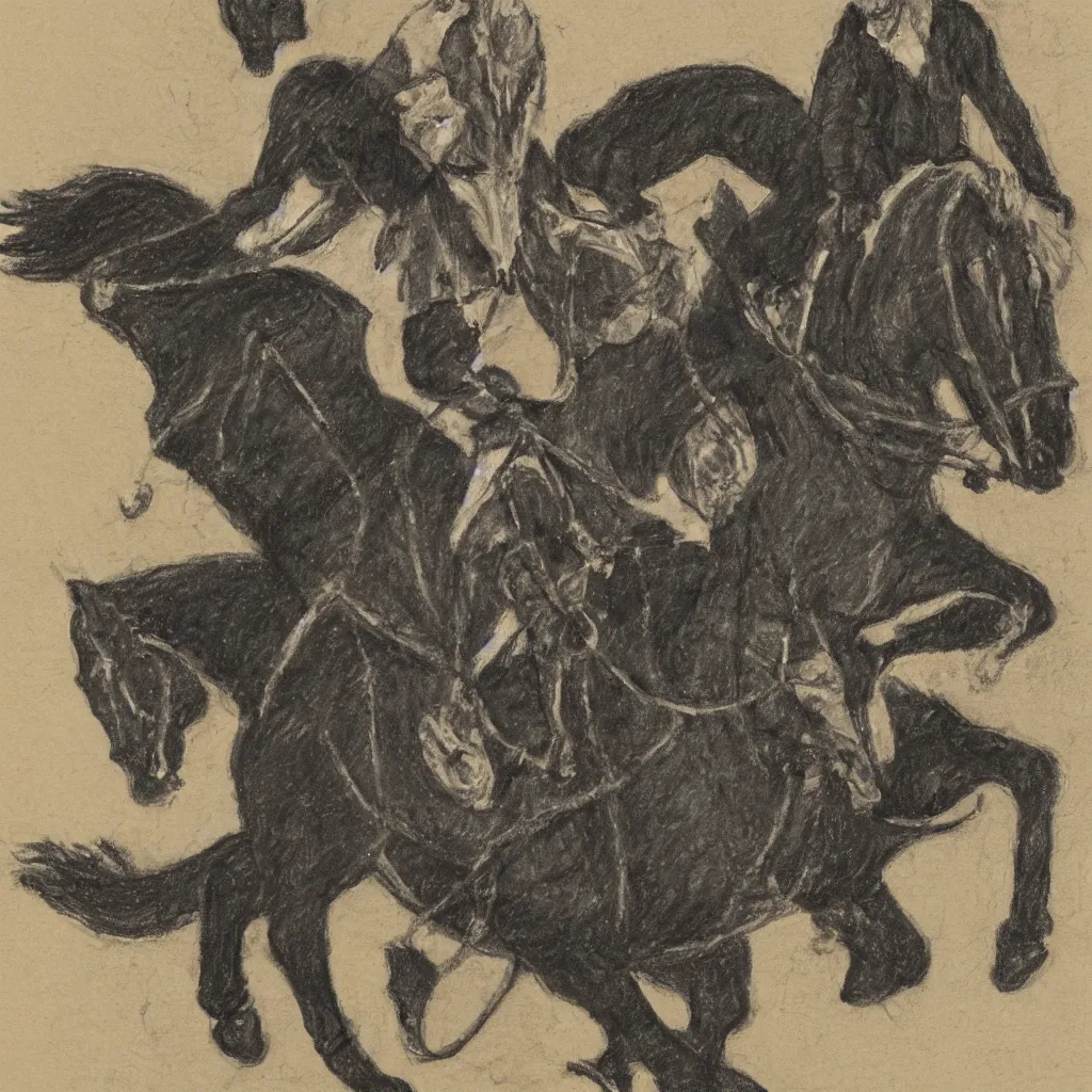 Image similar to sketch of Draco Malfoy riding one black horse, by Mary GrandPré, fairy simple