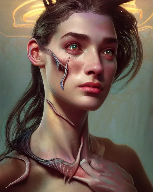 Prompt: portrait of a cute female hammerhead, bioluminescent, veins, horror, happy, highly detailed, digital painting, cinematic, hyperrealism, dark retrowave, art by stanley lau and artgerm and magali villeneuve and alphonse mucha, artstation, octane render, cgsociety