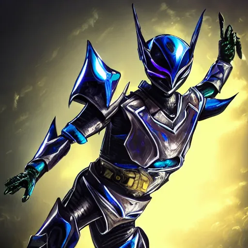 Image similar to High Fantasy Kamen Rider, glowing eyes, dark blue segmented armor, moody colors, 8k, forest plains of north yorkshire, daytime, grey rubber undersuit, tokusatsu, illustration