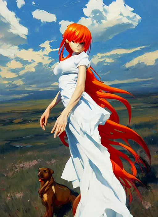 Image similar to Greg Manchess painting of Asuka Langley Soryu in a casual white dress out with the dogs, EVA unit-00 in the back, countryside, fantasy character portrait, dynamic pose, above view, sunny day, thunder clouds in the sky, artwork by Jeremy Lipkin and Giuseppe Dangelico Pino and Michael Garmash and Rob Rey, very coherent asymmetrical artwork, sharp edges, perfect face, simple form, wacky, 100mm