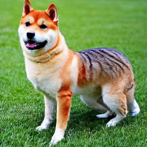 Prompt: A cross between a Shiba Inu and a Tabby Cat, photograph