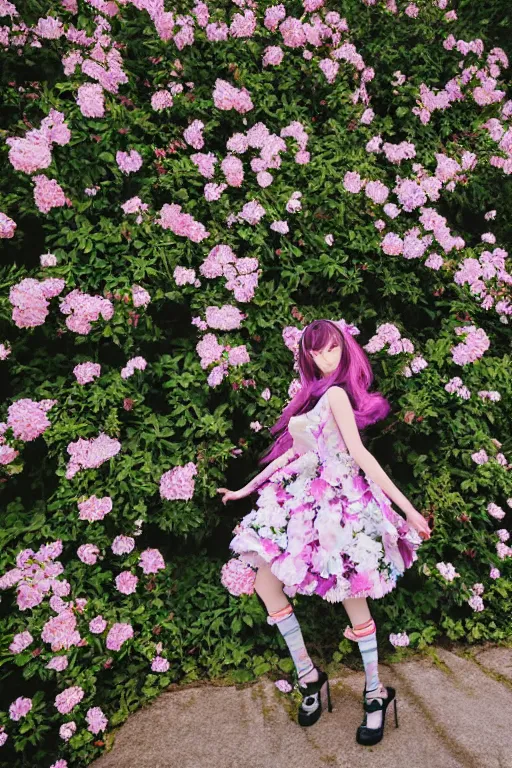 Prompt: runaway cybernetic floral fashion teen girl in patterned dresses antediluvian subtle cosplay zine beautiful photography, ghibli akira xenogears ethereal heavenly realistic fashion zine