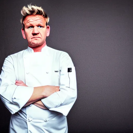 Prompt: An oil on canvas medium shot of Gordon Ramsay in a chef uniform crossing his arms, kitchen background, high-key lighting
