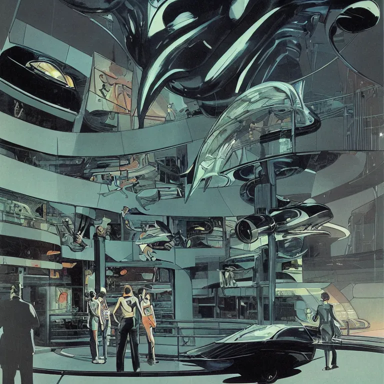 Prompt: 1970's sci-fi comic book art of silhouettes watching a large alien aquarium by Syd Mead. fancy futuristic architecture. highly detailed illustration. beautiful dark moody lighting.