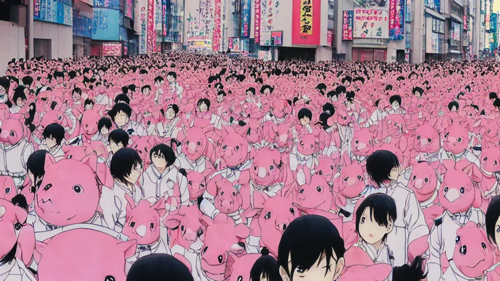 Prompt: manga drawing of a parade on the streets Tokyo everyone in the parade is wearing a pig mask and is dressed in pink and wearing pig masks, film still from the an anime directed by Katsuhiro Otomo with art direction by Salvador Dalí, wide lens