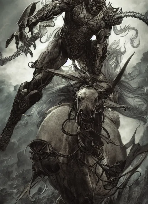 Prompt: bald grey bearded ethan van sciver riding a dark horse into battle, full view, beautiful zoomed out artwork by artgerm and rutkowski, breathtaking, beautifully lit, dramatic, full view