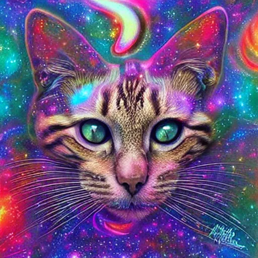 Prompt: a galaxy colored psychedelic chakra awakening kundalini ethereal portrait of a cat with her eyes closending to a higher plane of existence, eternal blessing, multiverse, by android jones, by ben ridgeway, visionary art, by artgerm, featured on artstation, cgsociety, by greg rutkowski