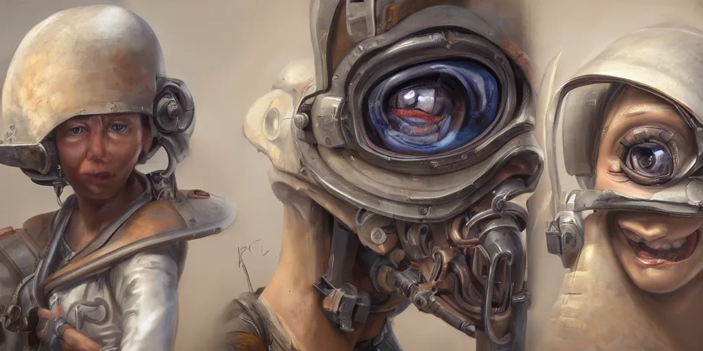 Prompt: highly detailed portrait painting of welder and angelina joile, mono eye, perfect symmetrical eyes, by eddie mendoza and tyler edlin, 8 k resolution