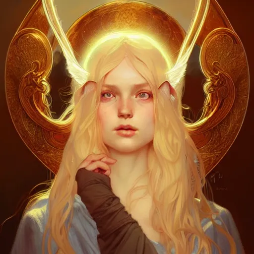 Image similar to Portrait of a girl angel with blonde hair, cat ears, glowing halo, wings, fantasy, intricate, elegant, highly detailed, digital painting, artstation, concept art, smooth, sharp focus, illustration, art by Krenz Cushart and Artem Demura and alphonse mucha