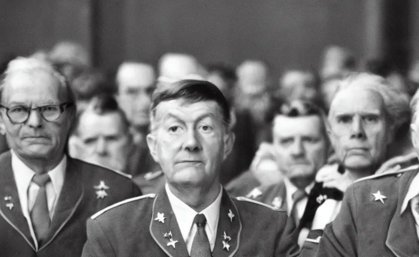 Prompt: 50s movie still close-up portrait of an elder soviet generals in a empty stalinist hall, by David Bailey, Cinestill 800t 50mm black and white, heavy grainy picture, very detailed, high quality, 4k, HD criterion, precise texture and facial expression