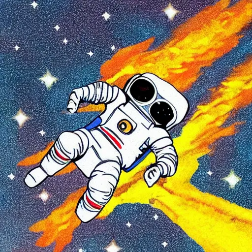 Prompt: An astronaut in space riding on a rocket, in the style of gage taylor