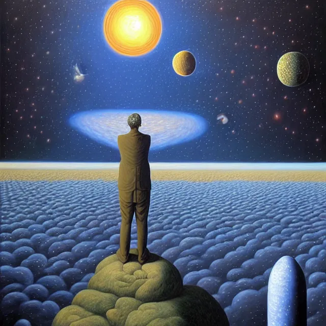 Image similar to an oil on canvas portrait of a man realizing he is the one with the universe, surrealism, surrealist, cosmic horror, rob gonsalves, high detail