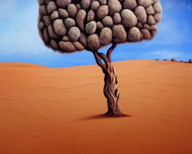 Image similar to a painting of a tree in the desert, an airbrush painting by breyten breytenbach, sea of sand, cgsociety, neo - primitivism, airbrush art, dystopian art, apocalypse landscape