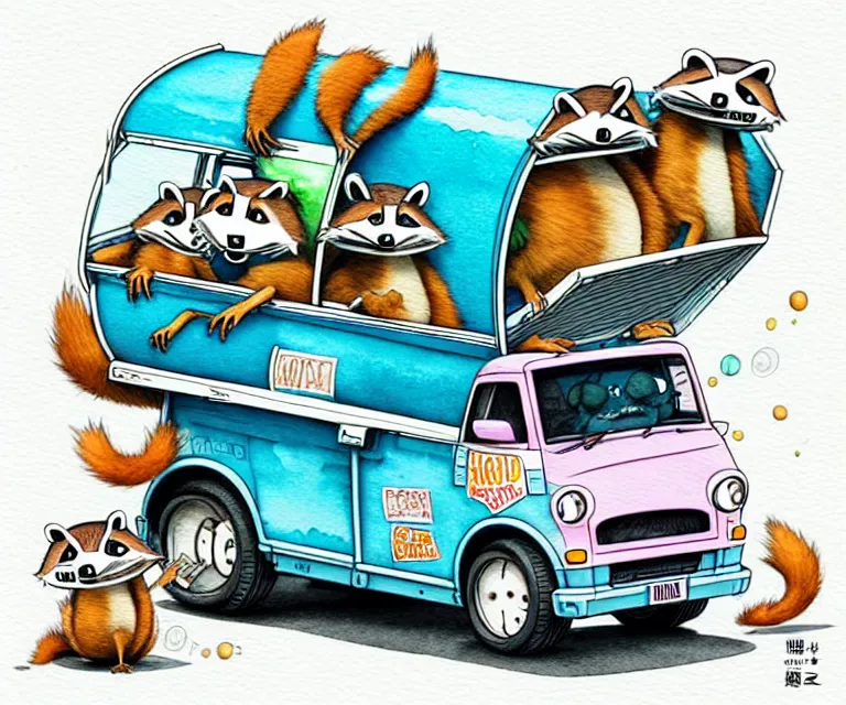 Prompt: cute and funny, / / / racoon / / / riding in a tiny garbage truck, ratfink style by ed roth, centered award winning watercolor pen illustration, isometric illustration by chihiro iwasaki, edited by range murata, tiny details by artgerm and watercolor girl, symmetrically isometrically centered, sharply focused