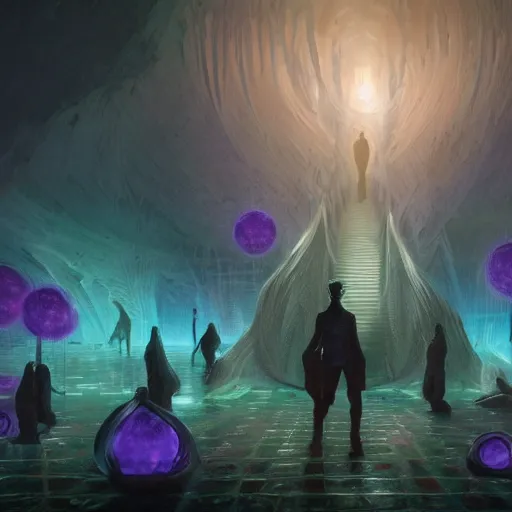 Prompt: a ultradetailed beautiful concept art of a vision of the unconscious maze, a place existing inside the collective unconscious, filled with dreams and hope of humanity, dramatic lighting, dynamic lighting, cinematic lighting, purple color scheme, concept art, high resolution 4 k, by greg rutkowski, charlie bowater and artgeem