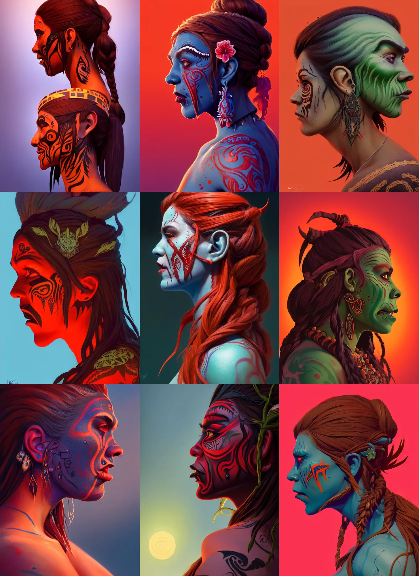 Prompt: side profile centered painted portrait, female orc forest druid, red skin, tribal face tattoos, d & d, gloomhaven, matte painting concept art, art nouveau, beautifully backlit, swirly vibrant color lines, fantastically gaudy, aesthetic octane render, 8 k hd resolution, by ilya kuvshinov and cushart krentz and gilleard james