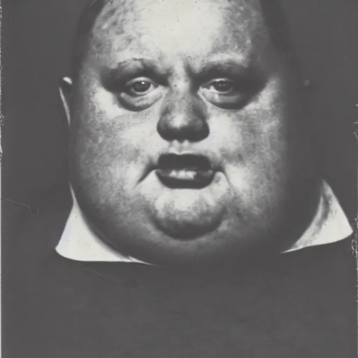 Image similar to antique photograph of an evil catholic priest, cracked and faded photo paper, morbidly obese, crazy eyes wide open, horror, staring at the camera with hate, headshot, dark background, low light, dark