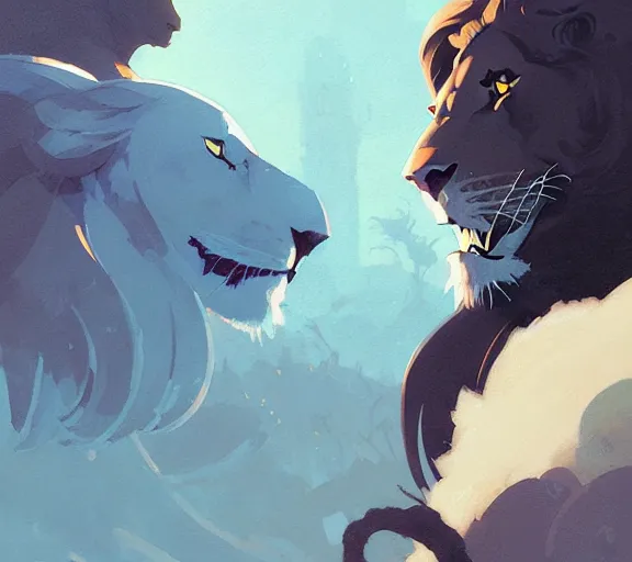 Image similar to portrait of lion knight, fantasy, by atey ghailan, by greg rutkowski, by greg tocchini, by james gilleard, by joe fenton, by kaethe butcher, by ashley wood, dynamic lighting, gradient light blue, brown, blonde cream and white color scheme, grunge aesthetic