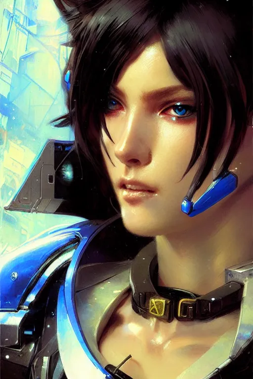 Prompt: extreme close up cyberpunk catgirl in a futuristic police uniform of white and gold portrait dnd, painting by gaston bussiere, craig mullins, greg rutkowski, yoji shinkawa