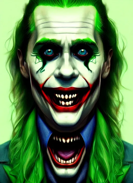 Image similar to portrait of jared leto as the joker, green hair, intricate, elegant, glowing lights, highly detailed, digital painting, artstation, concept art, sharp focus, illustration, art by wlop, mars ravelo and greg rutkowski