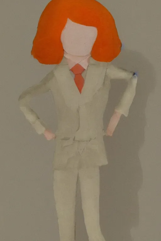 Prompt: a scene depicting a orange haired elegant character wearing a voluminous suit made from linen and transparent plastic, blurred, muted colors, acrylic, super detailed, soft light