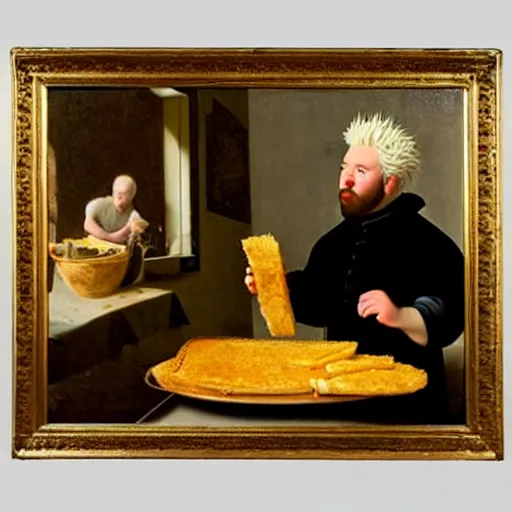 Prompt: a 1 9 th century portrait of guy fieri making a greasy macaroni and cheese sandwich, by vermeer, portrait, royal, oil on canvas