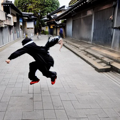 Prompt: photo of ninja running around the streets of Edo in parkour, motion blur
