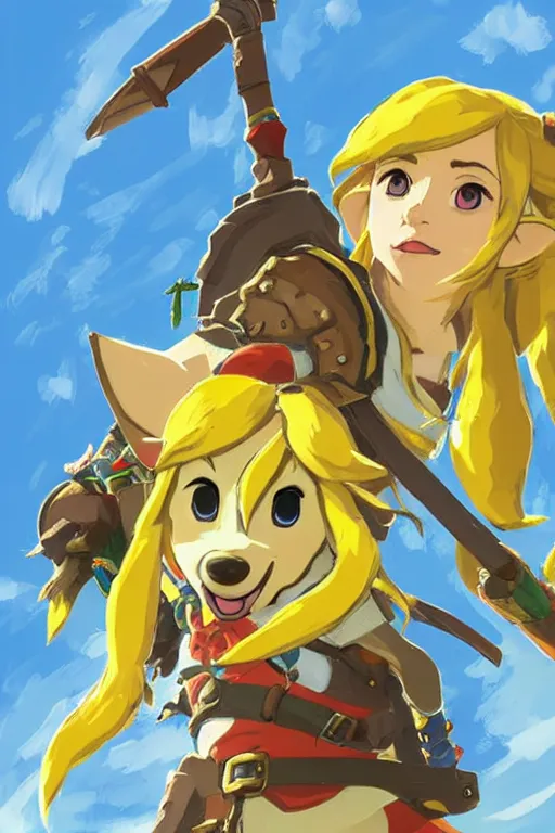 Prompt: an in game portrait of isabelle from the legend of zelda breath of the wild, breath of the wild art style.