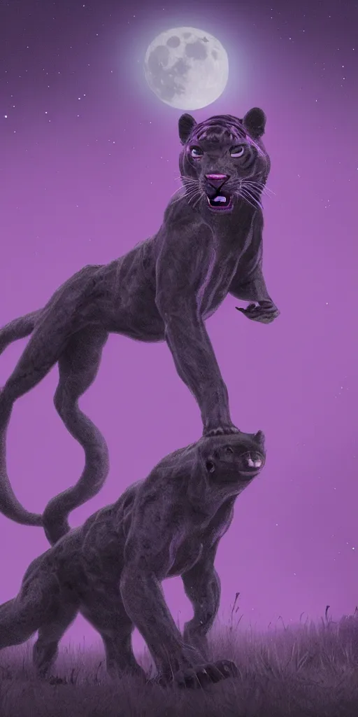 Image similar to high quality render of a purple colored panther roaring at night. large moon in the center of the background. digital drawing, illustration, 4 k, render, matte, highly detailed, artstation, realistic, dramatic, darkness, moon.