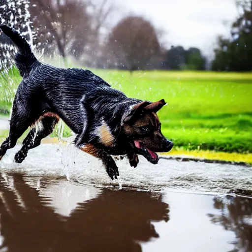 Image similar to Photorealistic photograph of a dog splashing in a puddle, photorealism, photorealistic, realism, real, highly detailed, ultra detailed, detailed, depth of field, shutter speed 1/1000, 200mm Focal Length, Canon EOS R7