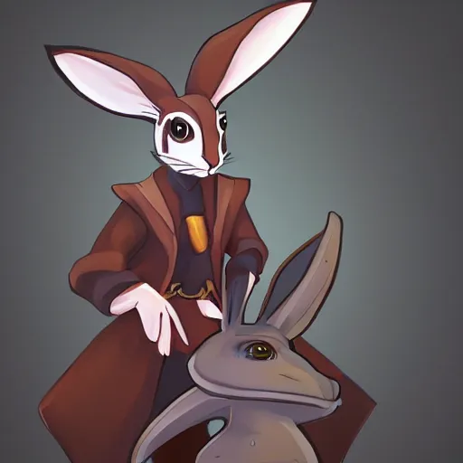 Image similar to anthropomorphic jackrabbit harengon with black skin, wearing stylized monk robes and a wide brimmed hat, digital art featured on artstation