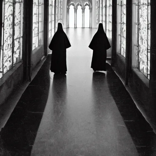 Image similar to award winning photo Floating nuns,Very long arms, in a sanctuary, eerie, frightening —width 1024 —height 1024