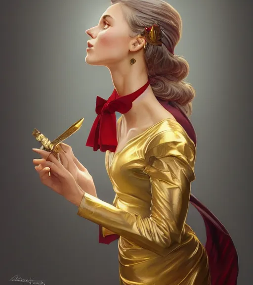 Image similar to a girl wearing a golden dress, grey hair, red necktie, cinematic, stunning, highly detailed, digital painting, artstation, smooth, hard focus, full body shot, illustration, art by artgerm and greg rutkowski and alphonse mucha