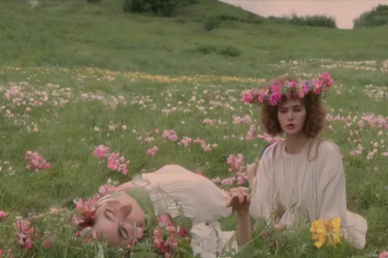 Image similar to vhs 1 9 8 0 s cinema footage of a woman wearing a giant flower crown surrounding around her head, scene from the movie midsommar, directed by ari aster, vintage film grain