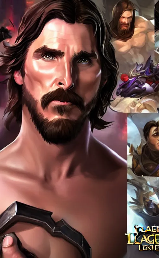 Image similar to Christian Bale as a character in the game League of Legends, with a background based on the game League of Legends, detailed face, old 3d graphics