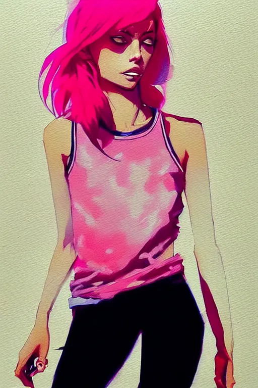 Image similar to a ultradetailed beautiful painting of a stylish woman in a pink tank top, by conrad roset, greg rutkowski and makoto shinkai trending on artstation