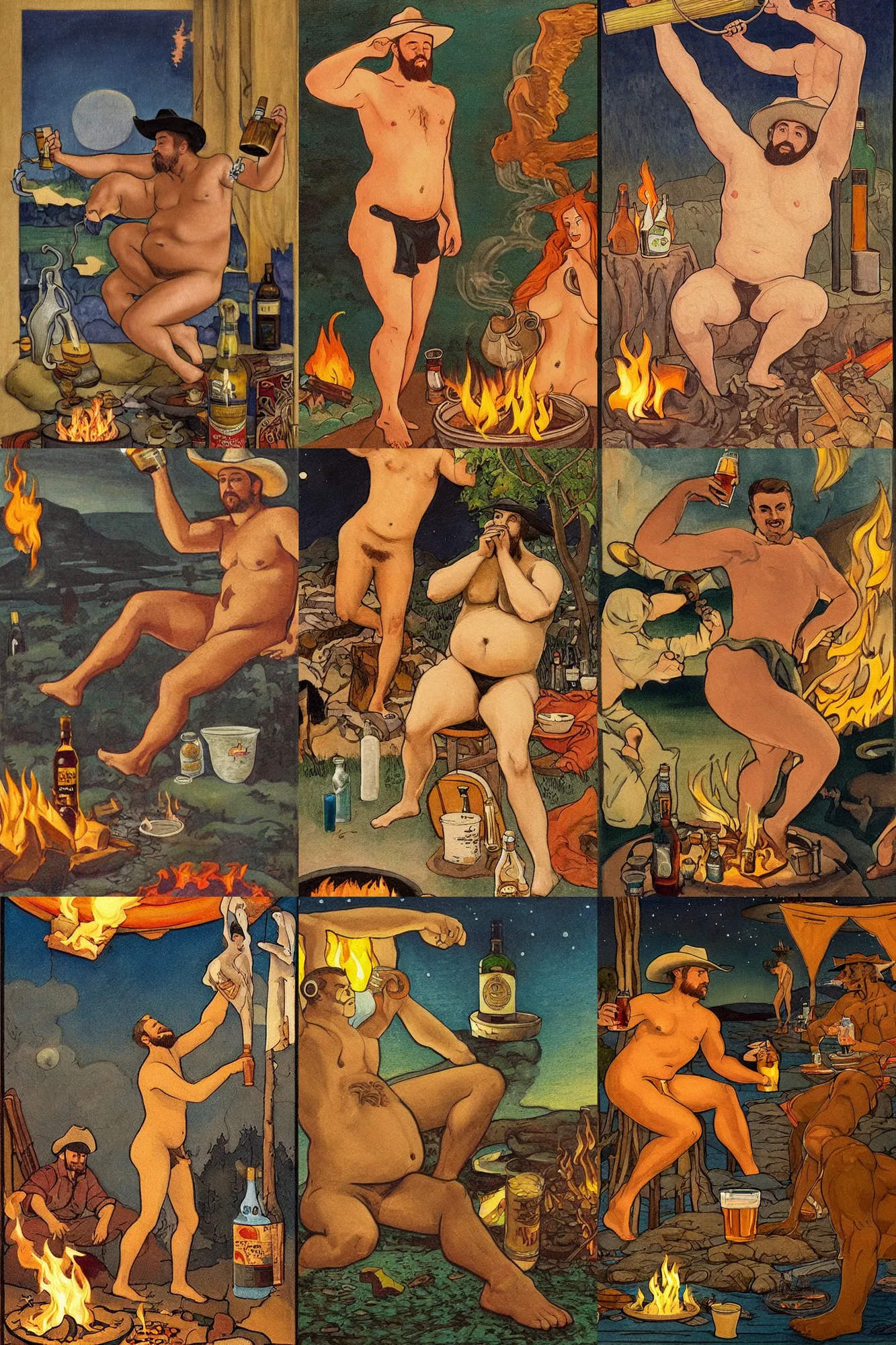 Prompt: a serene, ethereal painting of a handsome mischievous thicc shirtless cowboy with a beer belly | night scene with campfire | food and jugs of whisky in the foreground | tarot card, art deco, art nouveau | by Walter Crane | trending on artstation