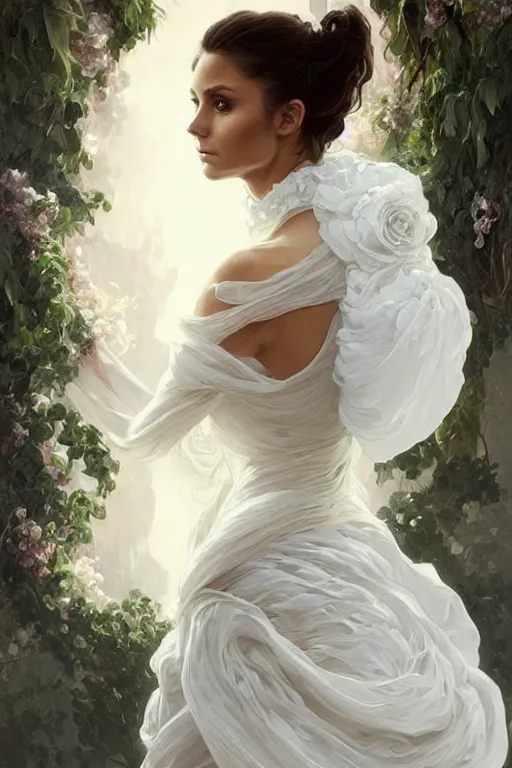 Image similar to Nina Dobrev dressed in a vaporous moving wrapped large victorian white roses organza dress fashion, D&D, fantasy, intricate, elegant, highly detailed, digital painting, artstation, concept art, matte, sharp focus, illustration, art by Artgerm and Greg Rutkowski and Alphonse Mucha