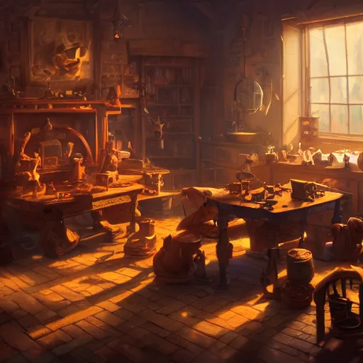 Image similar to A dusty toymaker’s workshop lit by a large glowing window, volumetric atmosphere with dramatic sunlight and shadows, hearthstone coloring style, artwork by greg rutkowski, epic fantasy style art, fantasy epic digital art, highly detailed, 8k resolution, hyperrealistic, Maya render.