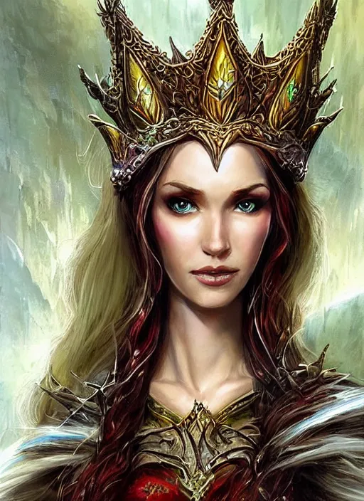 Prompt: elegant beautiful elven queen wearing a crown, ultra detailed fantasy, dndbeyond, bright, colourful, realistic, dnd character portrait, full body, pathfinder, pinterest, art by ralph horsley, dnd, rpg, lotr game design fanart by concept art, behance hd, artstation, deviantart, hdr render in unreal engine 5