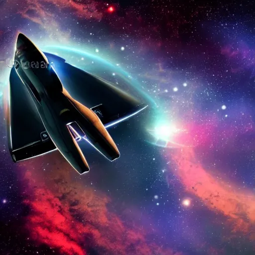 Prompt: A Star Trek spaceship drifting in space against a nebula background