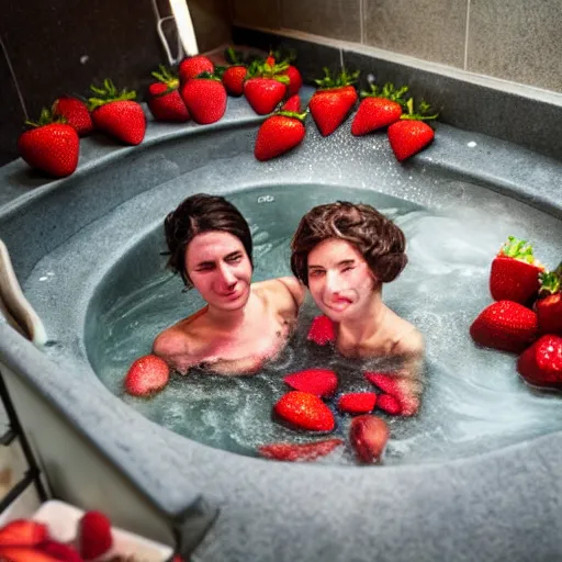 Image similar to women bathing in a bath full of strawberries, no water, only strawberries