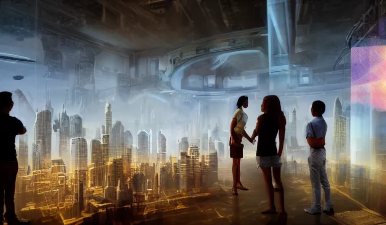 Image similar to group of people in bare walled museum, looking at hologram of futuristic city on a table, cinematic concept art, godrays, golden hour, natural sunlight, 4 k, clear details, tabletop model buildings, center model buildings, hologram center, crane shot, crane shot, crane shot