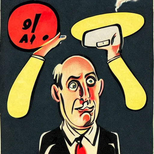 Prompt: karl lauterbach holding up a glowing cell phone, 1 9 3 0 s political caricature, detailed and exaggerated