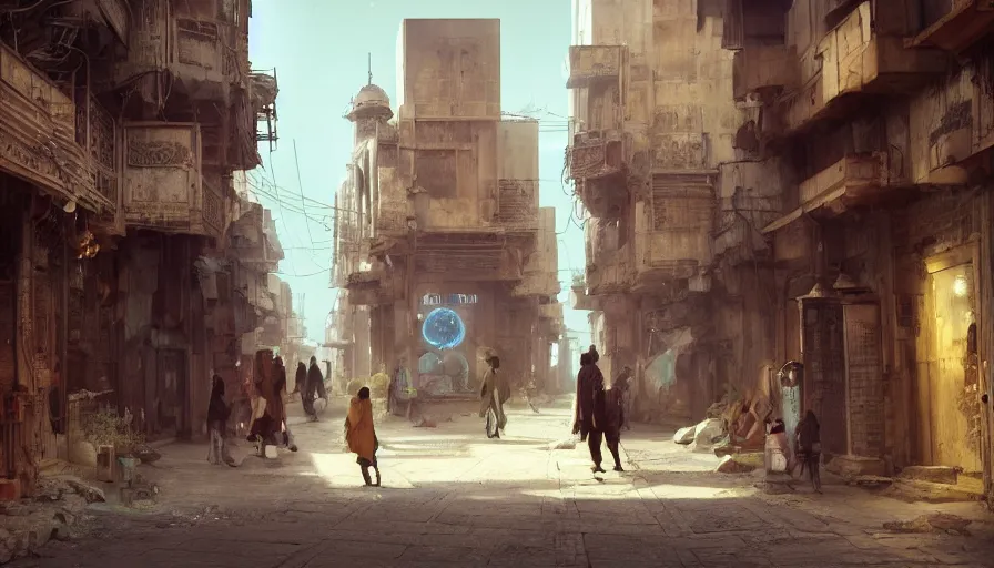 Image similar to old jeddah city alley, roshan, shops, magical glowing time portal, a nomad wearing a worn out coat, plants, kids, dramatic lighting sci fi, by caspar david friedrich by beeple and james gilleard and justin gerard, centered, artstation, smooth, sharp focus, photoreal octane render, 3 d, by jean baptiste monge