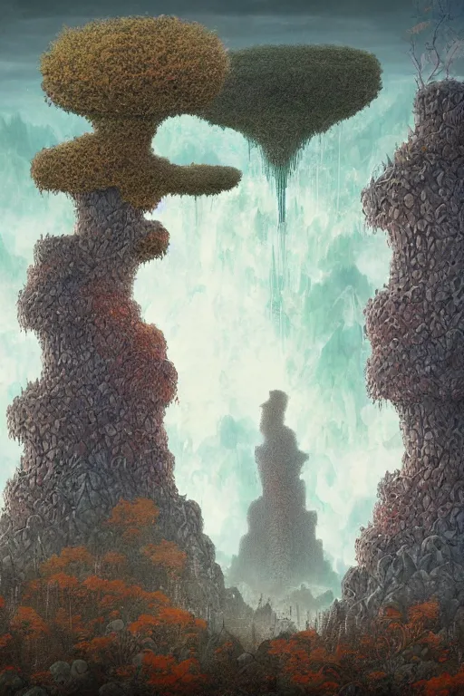 Prompt: a tall monolithic brutalist stone autumnal building plunging in to a giant sink hole in the ground, a surreal moonscape of autumnal tiers spreading, trees and geology made of dripping fluid, ornate, peter mohrbacher, fred tomaselli, victo ngai, roger dean